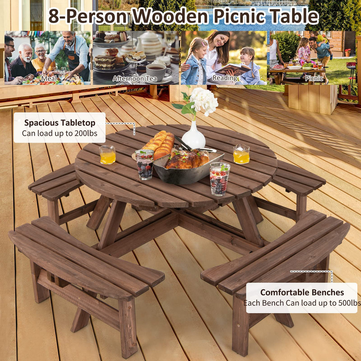 Tangkula 8 Person Wood Picnic Table, Outdoor Round Picnic Table with 4 Built-in Benches, Umbrella Hole, Outside Table and Bench Set for Garden, Backyard, Porch, Patio, 500lbs Capacity Per Bench Tangkula