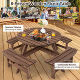Tangkula 8 Person Wood Picnic Table, Outdoor Round Picnic Table with 4 Built-in Benches, Umbrella Hole, Outside Table and Bench Set for Garden, Backyard, Porch, Patio, 500lbs Capacity Per Bench Tangkula