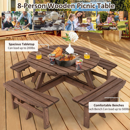 Tangkula 8 Person Wood Picnic Table, Outdoor Round Picnic Table with 4 Built-in Benches, Umbrella Hole, Outside Table and Bench Set for Garden, Backyard, Porch, Patio, 500lbs Capacity Per Ben - WoodArtSupply