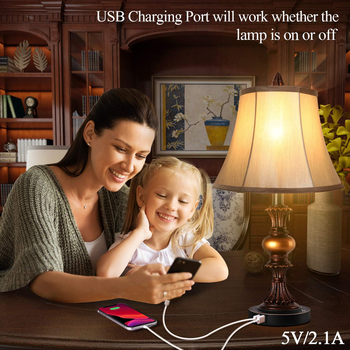 Touch Control Traditional Table Lamp Set of 2, Vintage Bedside Lamps with Dual USB Charging Ports, 3-Way Dimmable Bronze Finish Desk Lamps with Bell Shape Faux Silk Shade for Living Room, Bedroom PARTPHONER