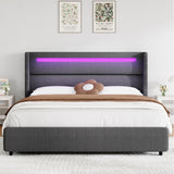HOMBCK Full Size Bed Frame with Headboard and LED Lights, Boucle Upholstered Platform Bed with Wingback Design, Modern Soft Bed Frame, No Box Spring Needed, Easy Assembly, Grey HOMBCK