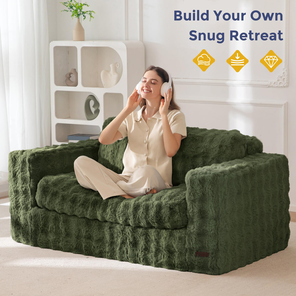 MAXYOYO Loveseat Sofa for Living Room, Small Sofa Couch Tufted Boneless Couch, Comfy Bean Bag Chair for Small Space Bedroom Apartment, No Assembly Needed, Green MAXYOYO
