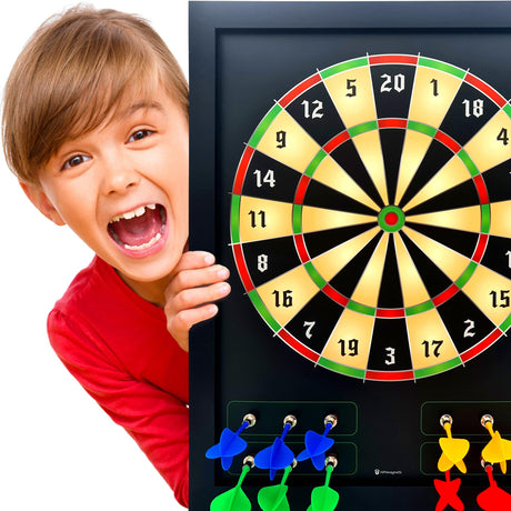 HMmagnets Large & Safe Magnetic Dart Board (Wooden Frame) for Kids & Adults - Fun Game for Up to 4 Players - Including 12 Colorful Darts + Dry Erase Score Board (2 Markers+Eraser) | Sturdy & Durable HMmagnets