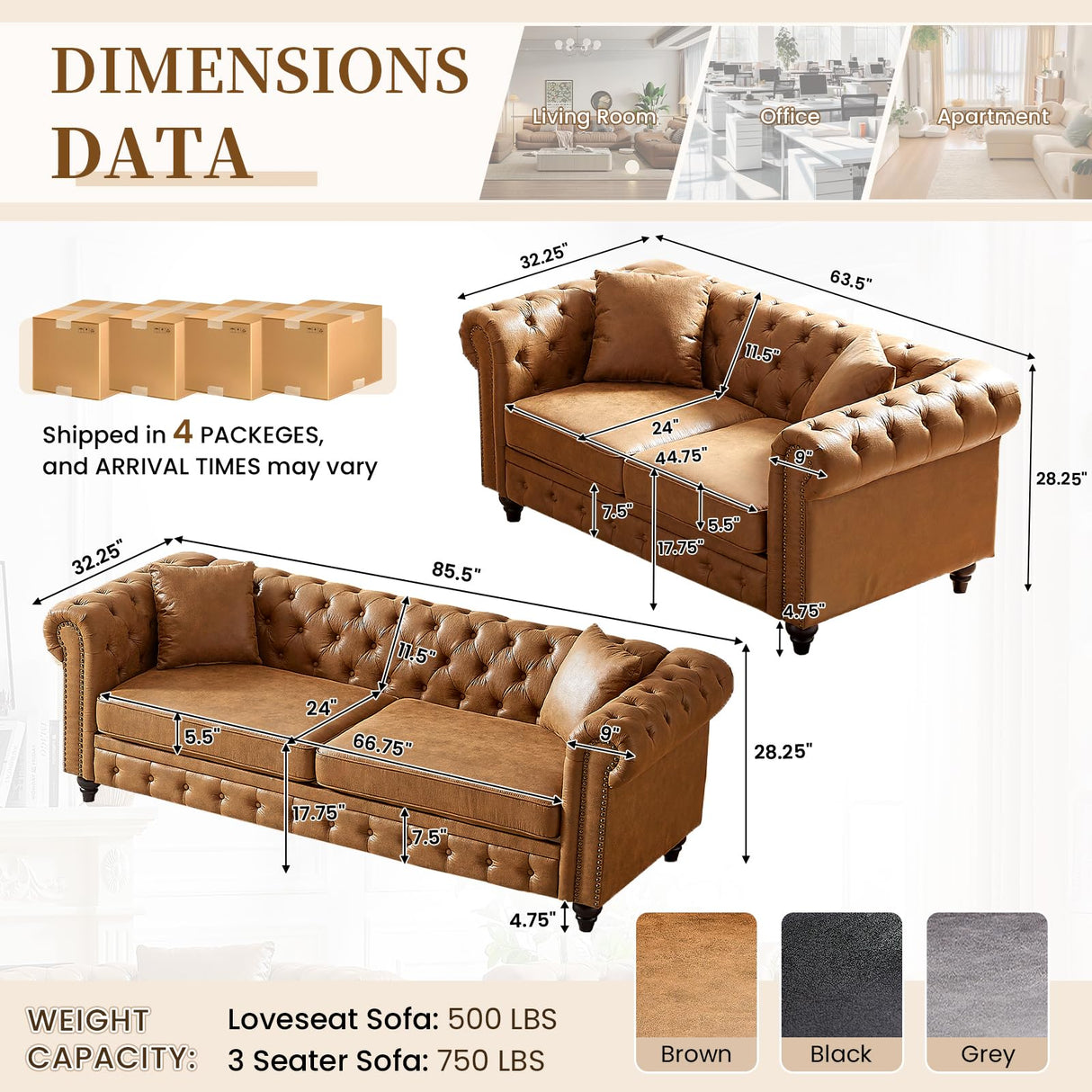 2 Piece Living Room Sofa Set,High-tech Fabric Button Tufted Couch and Loveseat Set with Nailhead Trim&Roll Armrests,Mid Century Modern Chesterfield Sofa for Living Room,Office(Loveseat+3 Seater,Brown) JEEOHEY