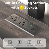 LOEWAY Queen Size Bed Frame with LED Lights and Charging Station, Industrial Platform Bed with Storage Headboard, Heavy Duty Metal Slats, No Box Spring Need, Noise Free, Grey LOEWAY