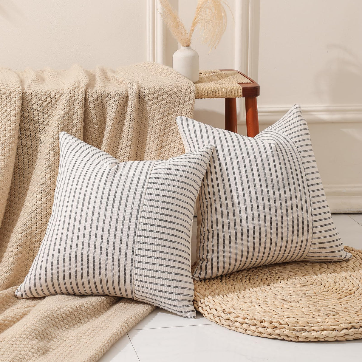 Hckot Set of 2 Farmhouse Throw Pillow Covers 18 x 18 Striped Linen Decorative Pillows Case for Sofa Couch Chair Bedroom Modern Decor(Grey) Hckot