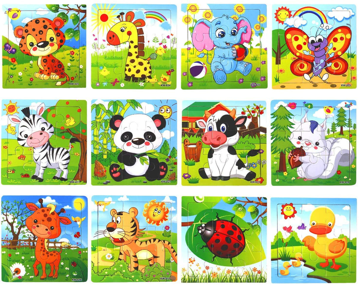 SANNIX 12 Pack Jigsaw Puzzles for Toddlers Wooden Animals Jigsaw Puzzles 9 pcs with 12 Organize Bags for Kids Ages 2 3 4 5 Preschool Educational Puzzles Learning Travel Toys for Boys and Girls SANNIX