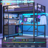 DICTAC Loft Bed Full Size with L-Shaped Desk and Charging Station Full Metal Bed Frame with LED Lights,Open Shelves and 3 Fabric Storage Drawers,Loft Beds with Top Bunk -Safety Guard & Stairs,Black DICTAC