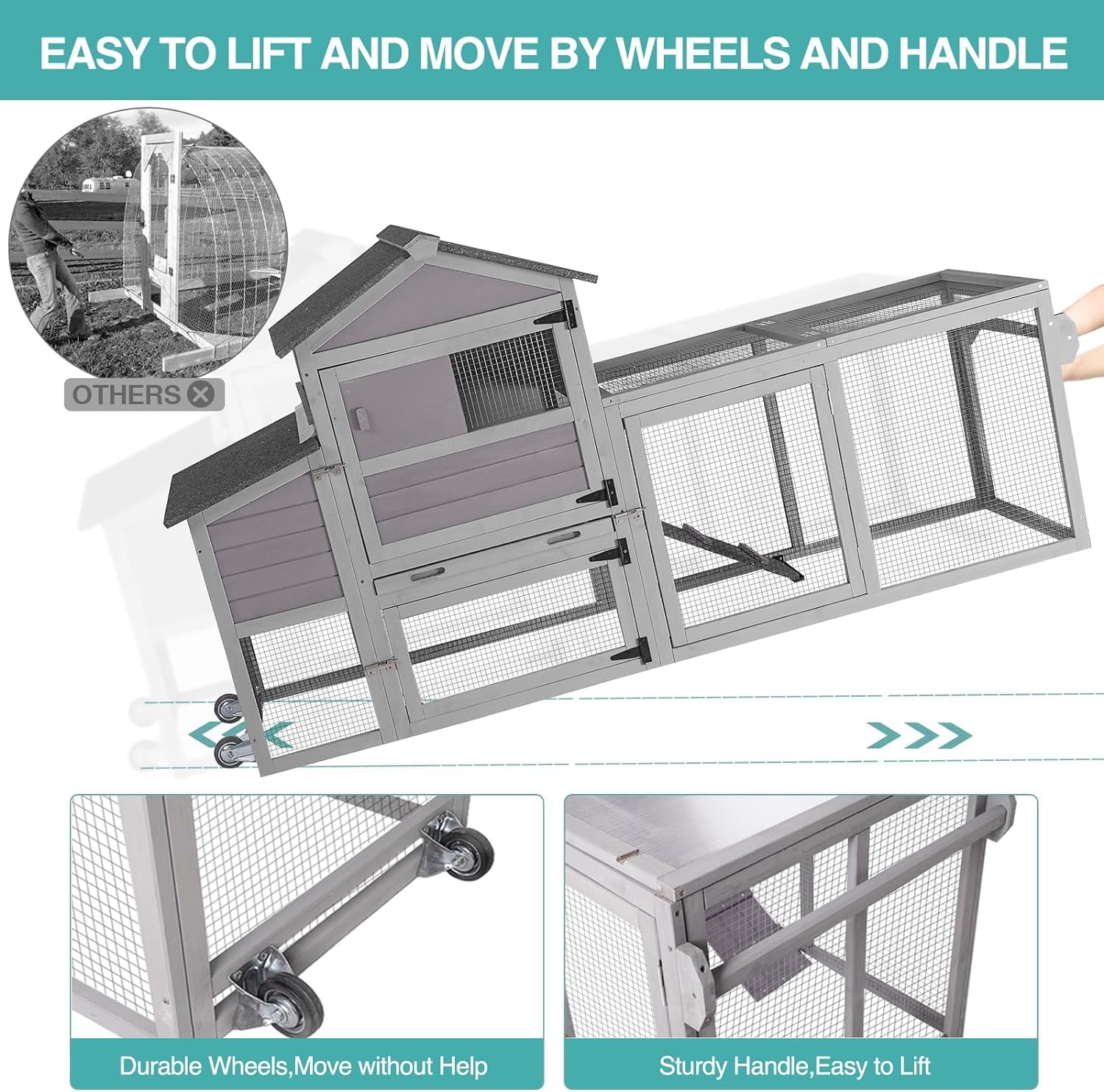 Chicken Coop for 2-4 Chickens, Mobile Chicken House for Outdoor with Wheels, Nesting Box, Leakproof Pull-on Tray and UV-Resistant Roof Panel, Wooden Chicken Coop for Duck - WoodArtSupply