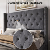 Jocisland Bed Frame King Size Velvet Tufted Upholstered Bed Low Profile Platform Bed Raised Wingback Headboard/Wood Slats Support/No Box Spring Needed/Easy Assembly/Grey Jocisland