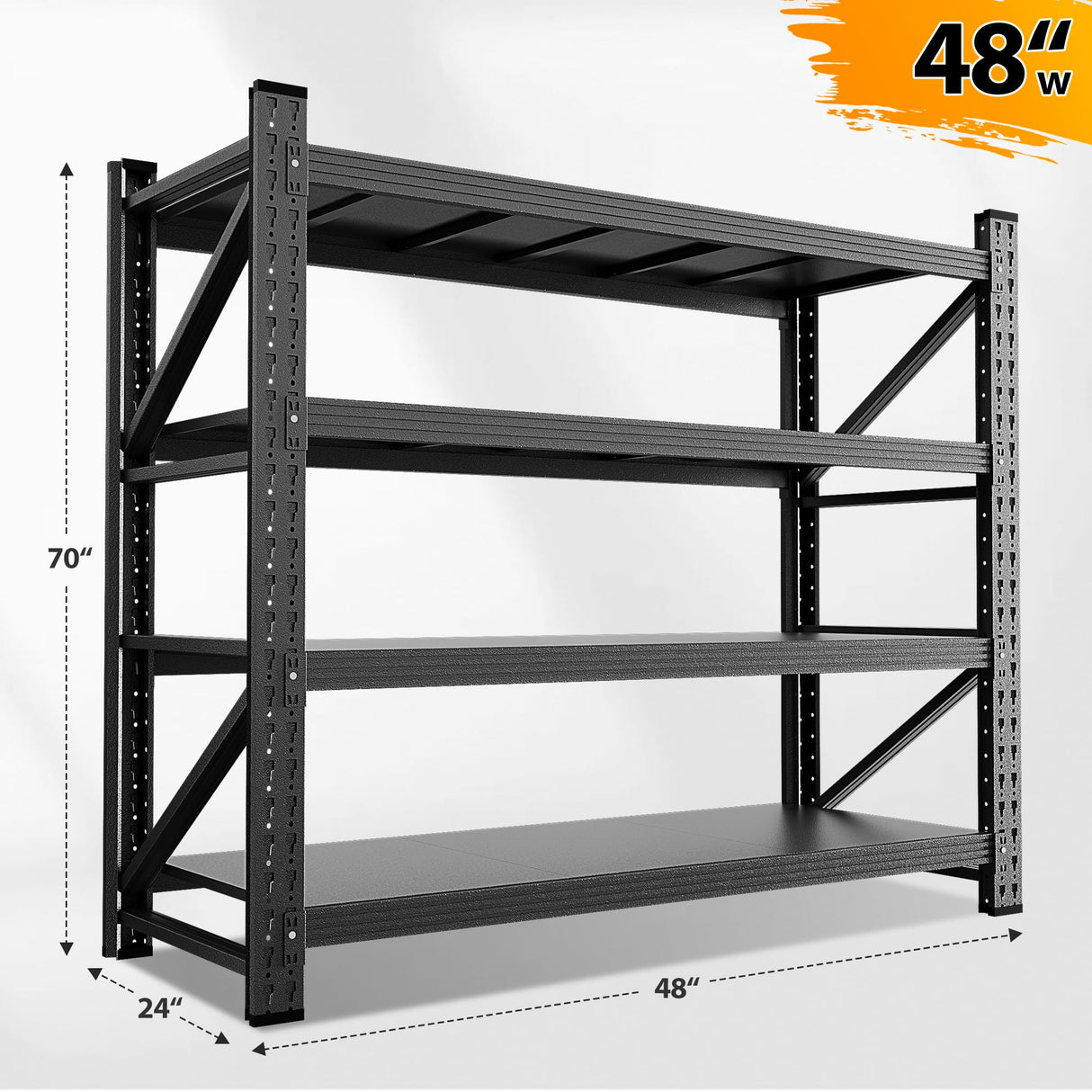 Anxxsu 3000LBS Storage Shelves, 48" W Heavy Duty Garage Shelving Unit, Adjustable Industrial Shelving, 4 Tier Metal Shelving for Garage, Supermarket, Warehouse, 48" W x 24" D x 70" H Anxxsu