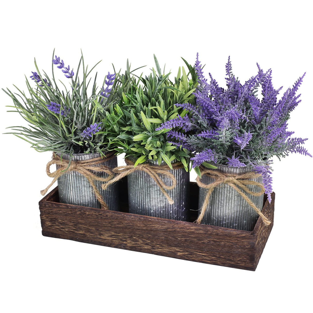 Set of 3 Small Potted Plants Arrangement Artificial Lavender and Grass Plants in Rustic Galvanized Metal Pots with Decorative Wood Tray for Farmhouse Table Centerpiece Windowsill Indoor Greenery Decor Winlyn