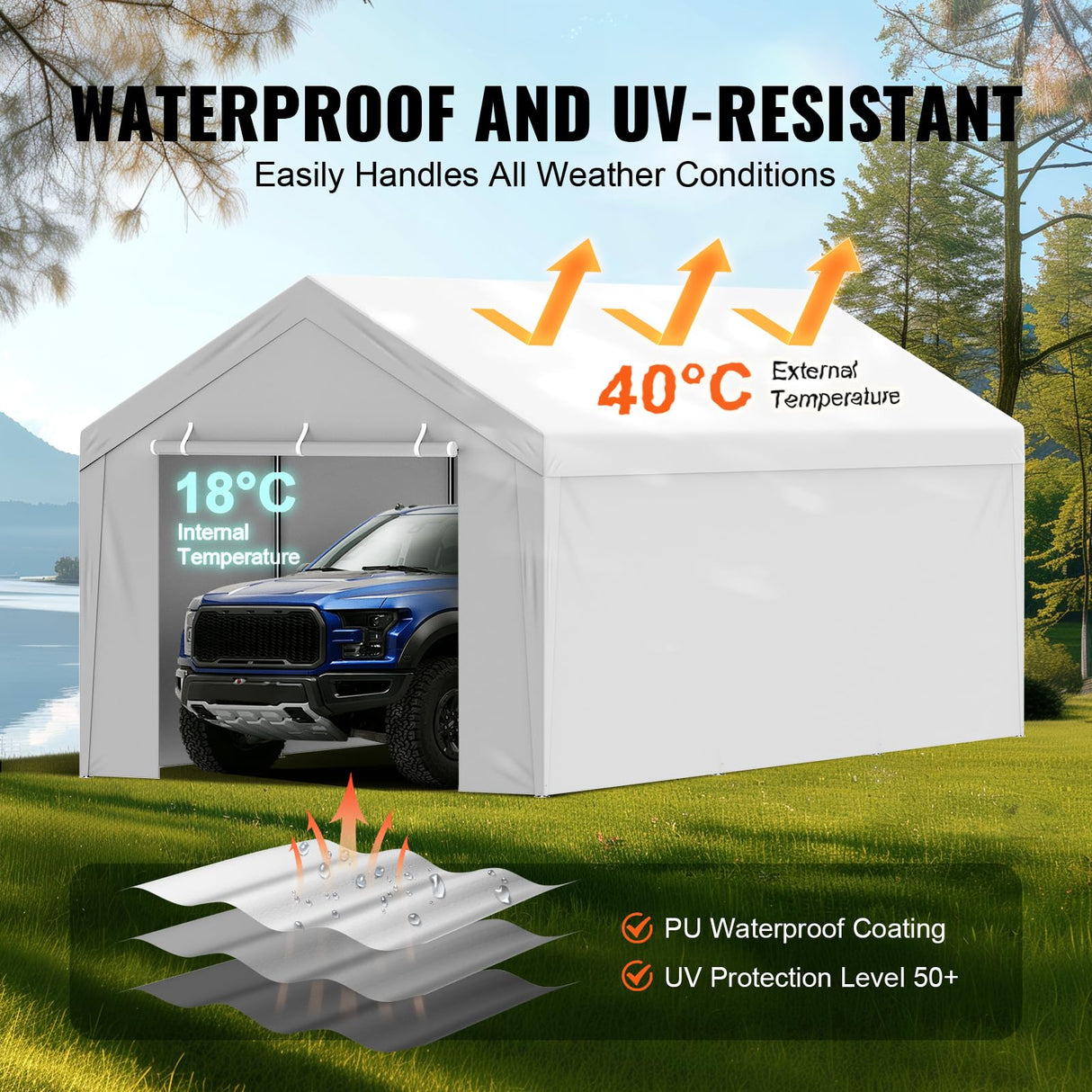 VEVOR Carport Replacement Canopy Top Cover + Sidewall 10 x 20 ft, Garage Tent Shelter Tarp Heavy-Duty Waterproof & UV Protected, Easy Installation with Ball Bungees,White (Frame Not Included) VEVOR