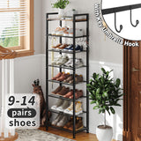 Simple Trending 8 Tiers Shoe Rack 16 Pairs Tall Wooden Plank Shoe Shelf with Hooks for Closet Entryway Organizer Sturdy Free Standing Shoe Storage Cabinet，Black Simple Trending