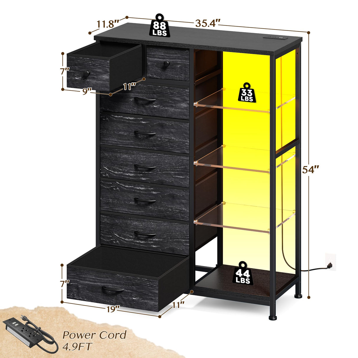 EnHomee 54" H Dresser for Bedroom with LED Lights & Power Outlets Dresser with 8 Drawers Fabric Dressers & Chests of Drawers for Bedroom, Sturdy Metal Frame, Acrylic Plates (Charcoal Black) EnHomee