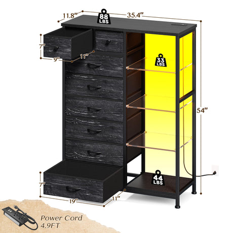 EnHomee 54" H Dresser for Bedroom with LED Lights & Power Outlets Dresser with 8 Drawers Fabric Dressers & Chests of Drawers for Bedroom, Sturdy Metal Frame, Acrylic Plates (Charcoal Black) EnHomee
