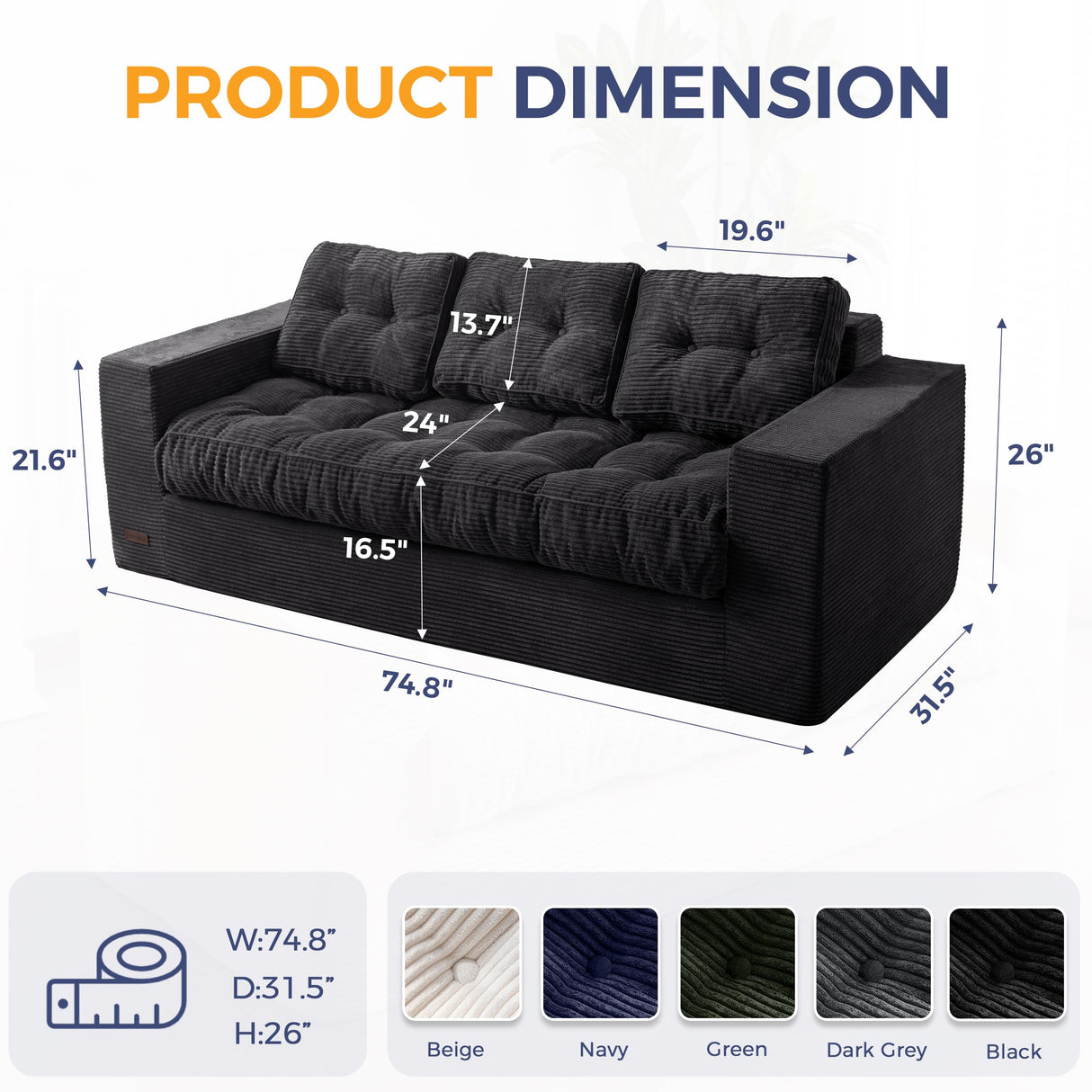 MAXYOYO 3 Seater Couch for Living Room, Boneless Couch with Tufted Cushion & Backrest, Upholstered Floor Sofa, Sofa in A Box, Black MAXYOYO