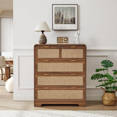 RUSTYER Mid Century Modern Dresser for Bedroom with 4 Drawers, 35" Tall Chest of Drawers with Natural Linen, Curved Wood Dresser Closet Clothes Storage Organizer for Living Room, Hallway((Walnut) RUSTYER