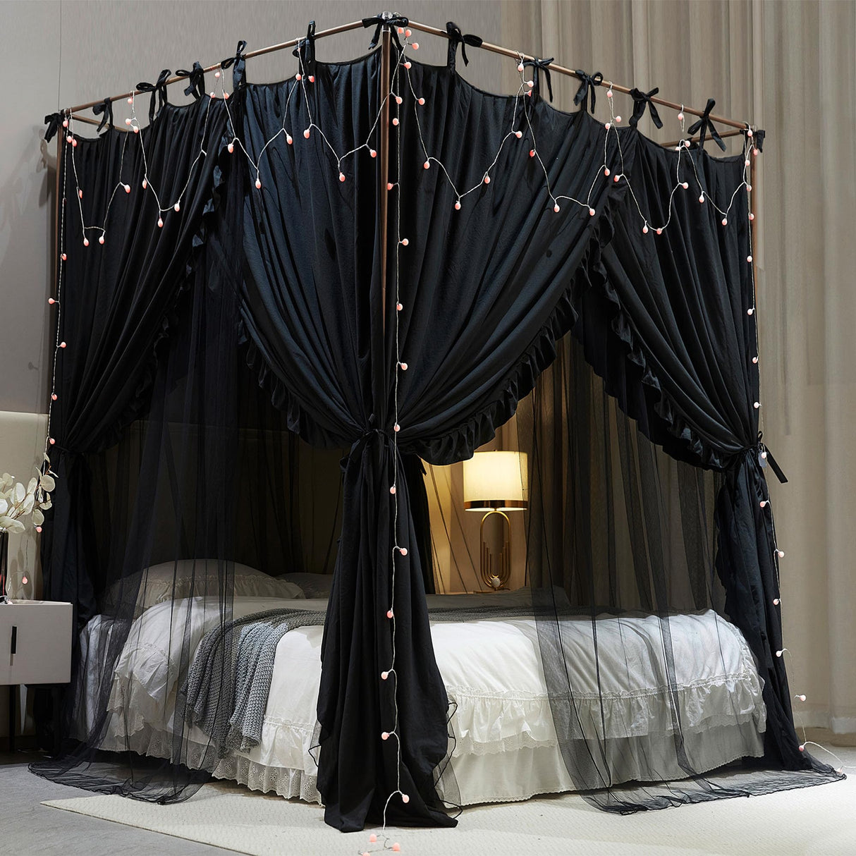 AIOOO 4 Corners Post Princess Curtain Bed Canopy Double Layer Cozy Mosquito Net Mesh and Cloth for Girls Adults Bedroom Decoration (Double-Black/Black, 53" W*78" L*82"*H/(Full)) AIOOO