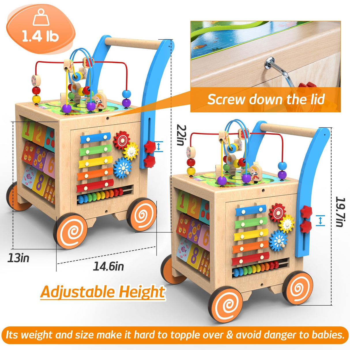 WOODMAM 9-in-1 Wooden Activity Cube | Wooden Baby Walker, Sit-to-Stand Learning Walker Activity Center, Early Educational Push & Pull Toys for Baby Toddler Boys Girls, Height & Brake Adjustable WOODMAM