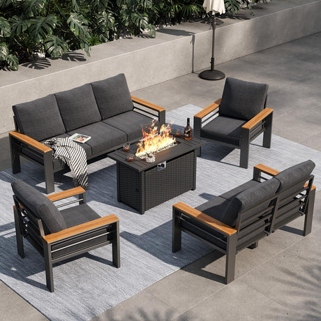 Aoxun Aluminum Outdoor Patio Furniture Set, 8-piece Outdoor Sectional with 44'' Propane Gas Firepit Table, Patio Conversation Sets with Upgraded Armrests and Cushions for Backyard, Garden and Poolside Aoxun