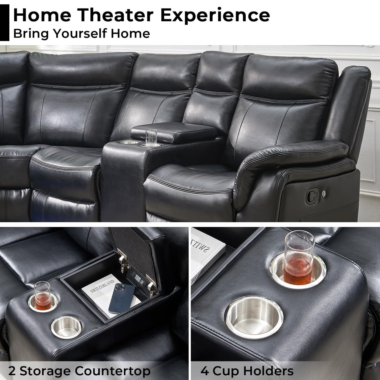 Manual Recliner Sofa Sectional Couches with LED Light for Living Room, Leather Reclining Corner Sectionals Sofa Couch Sets with 2 Theater Recliner Seat, USB, Cup Holder, Storage Console for Home,Black Comfort Stretch