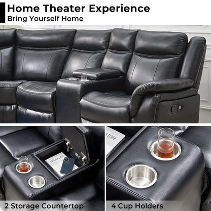 Manual Recliner Sofa Sectional Couches with LED Light for Living Room, Leather Reclining Corner Sectionals Sofa Couch Sets with 2 Theater Recliner Seat, USB, Cup Holder, Storage Console for Home,Black