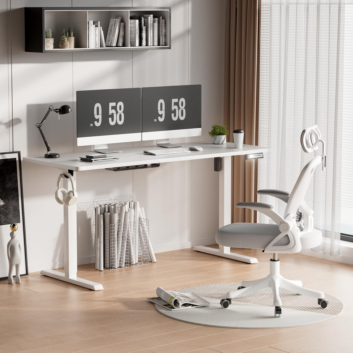 Furmax Electric Standing Desk, 59 x 24 Inches Height Adjustable Desk with Wheels, Home Office Computer Desk with Management Box (White) Furmax