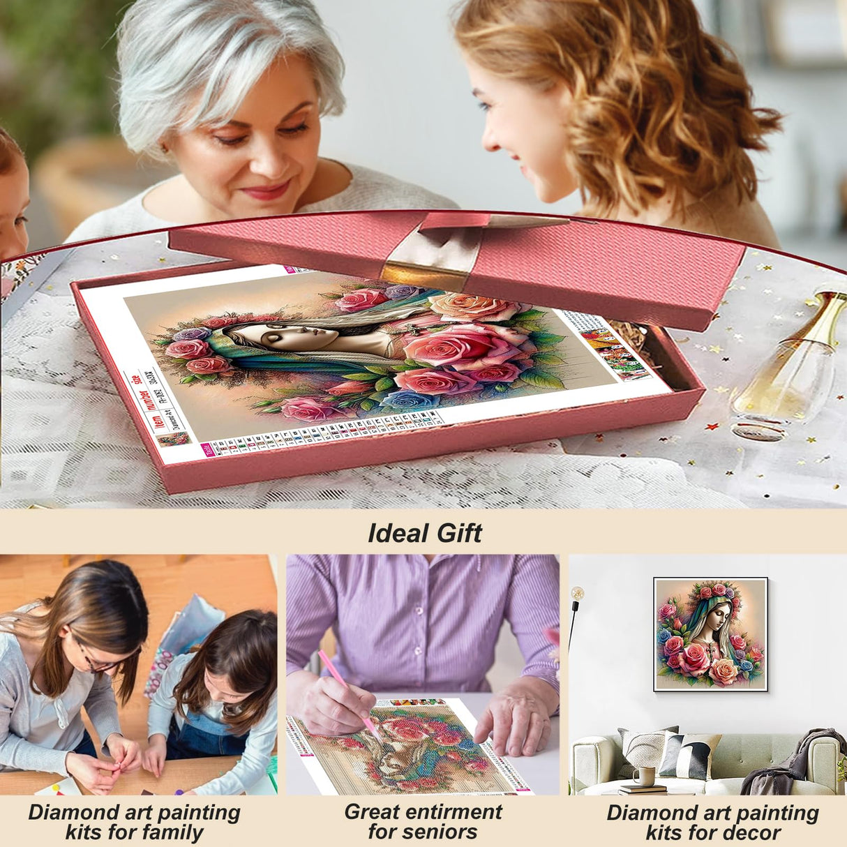 FHBUBPUP Virgin Mary Diamond Painting Kits for Adults, Flower Diamond Art Kits for Beginners, 5D DIY Full Drill Round Gem Art, Paint with Diamond Beads Craft Christmas Home Wall Decor 12x12 inch FHBUBPUP