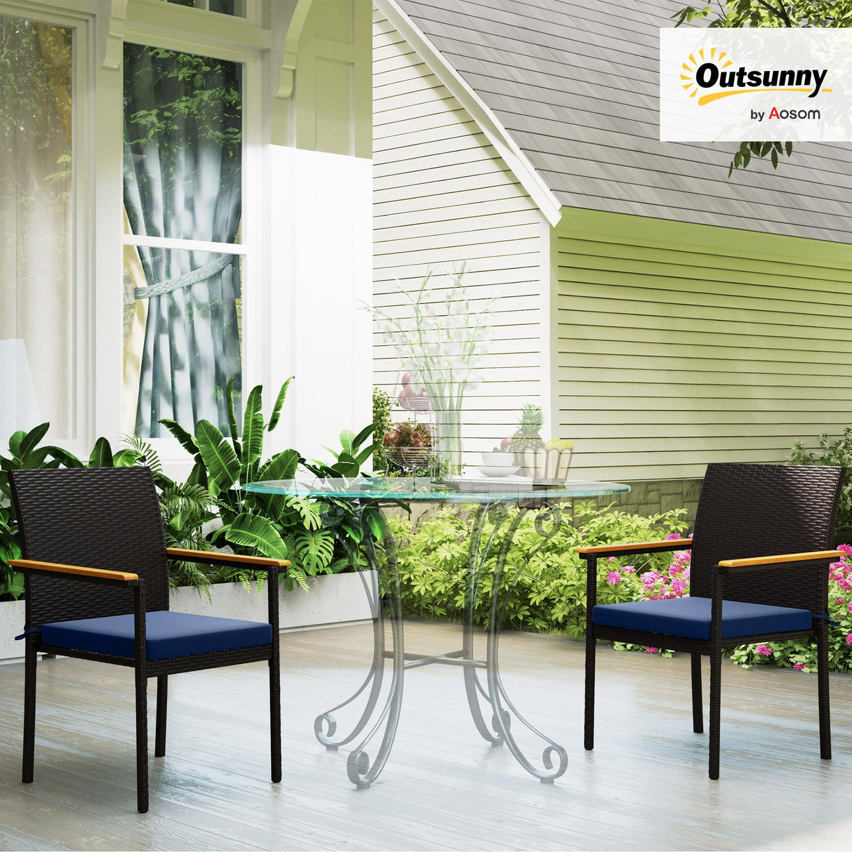Outsunny Wicker Outdoor Dining Chairs Set of 2, Stackable PE Rattan Patio Dining Chairs with Cushions and Acacia Wood Armrests for Deck, Garden, 353 LBS Capacity, Navy Blue Outsunny