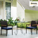 Outsunny Wicker Outdoor Dining Chairs Set of 2, Stackable PE Rattan Patio Dining Chairs with Cushions and Acacia Wood Armrests for Deck, Garden, 353 LBS Capacity, Navy Blue Outsunny