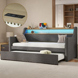 Twin Upholstered Daybed & Roll-Out Trundle, Linen Frame with LED Light, Built-in Charging Station, Storage Headboard & Rolling Guest Bed for Living Room Bedroom Guest Room, Gray Lyngins