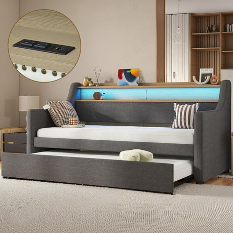 Twin Upholstered Daybed & Roll-Out Trundle, Linen Frame with LED Light, Built-in Charging Station, Storage Headboard & Rolling Guest Bed for Living Room Bedroom Guest Room, Gray Lyngins
