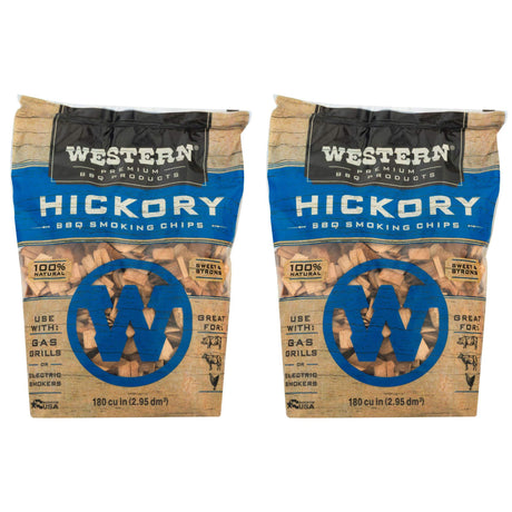 Western Premium BBQ 180 Cubic Inch Hickory Barbecue Flavorful Heat Treated Grilling Smoking Wood Chips for Charcoal Gas and Electric Grills (2 Pack) Western