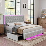 Torana Full LED Bed Frame with 2 Drawers, Soft Velvet Platform Bed with Diamond Tufted Headboard Footboard and 2 Side Pockets, Mattress Foundation with Wooden Slats Support, No Box Spring Needed, Grey Torana