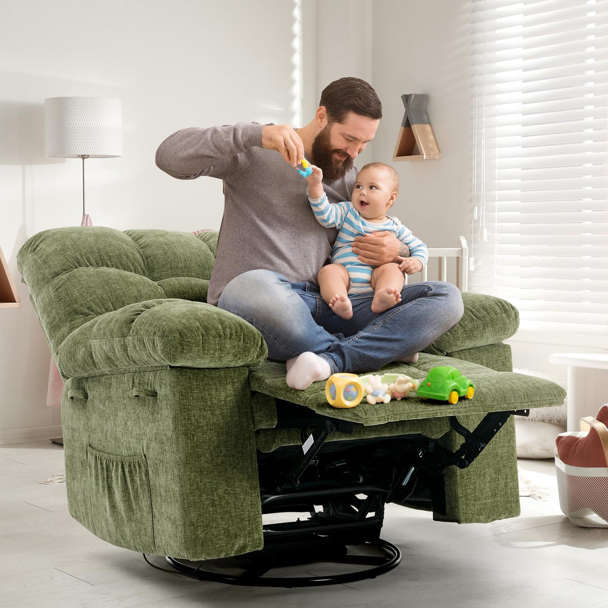 CheerAmenit 360° Swivel & Rocking Recliner Chair, Green Fabric Upholstered Glider with Side Storage Pockets, Sturdy Q235 Steel Frame Single Sofa for Living Room, Nursery, Small Apartments CheerAmenit