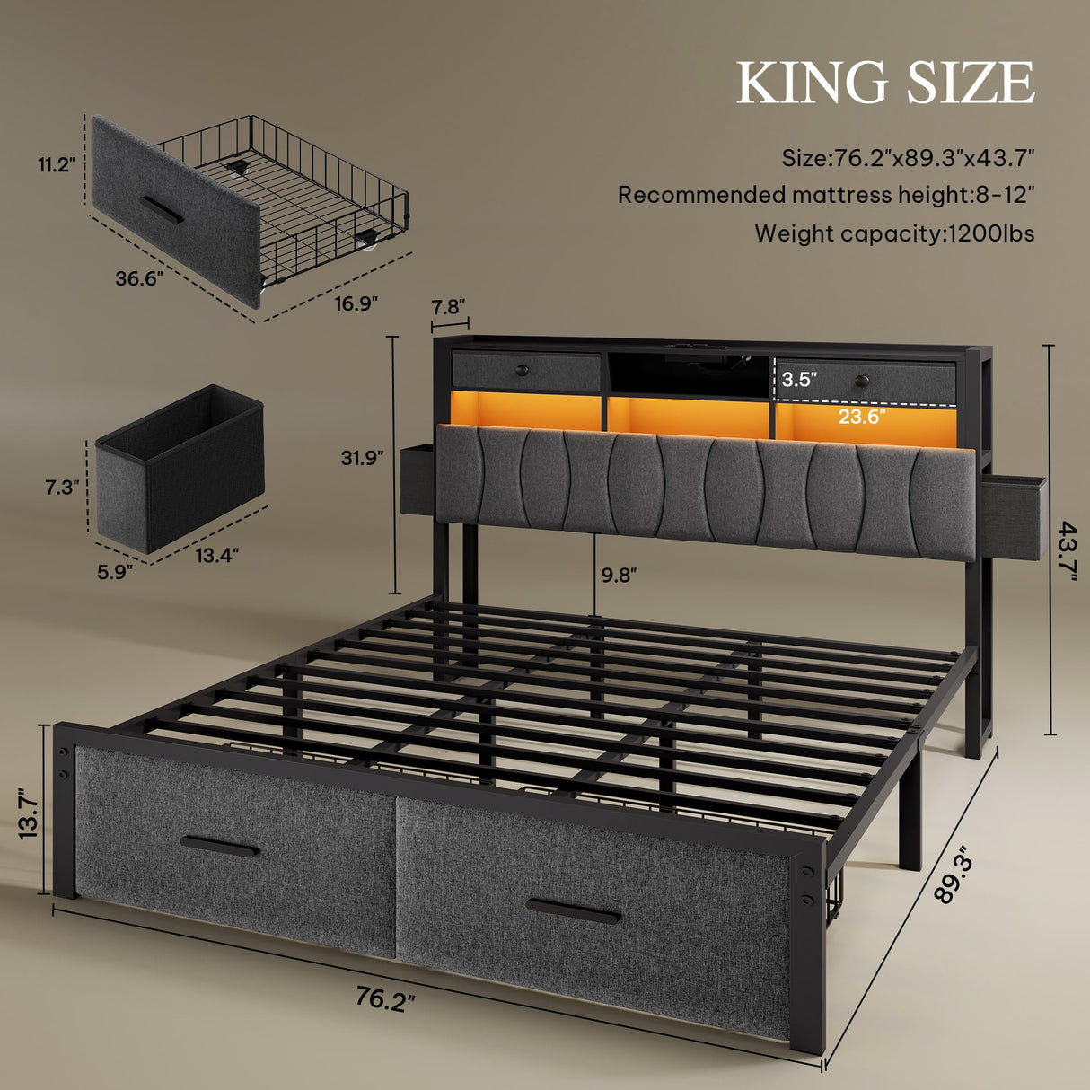 YITAHOME King Size with 2 Storage Drawers and Charging Station, Linen Upholstered Platform Bed with Storage Headboard and LED Light, Heavy Duty Metal Support, No Box Spring Needed, Noise Free, Grey YITAHOME