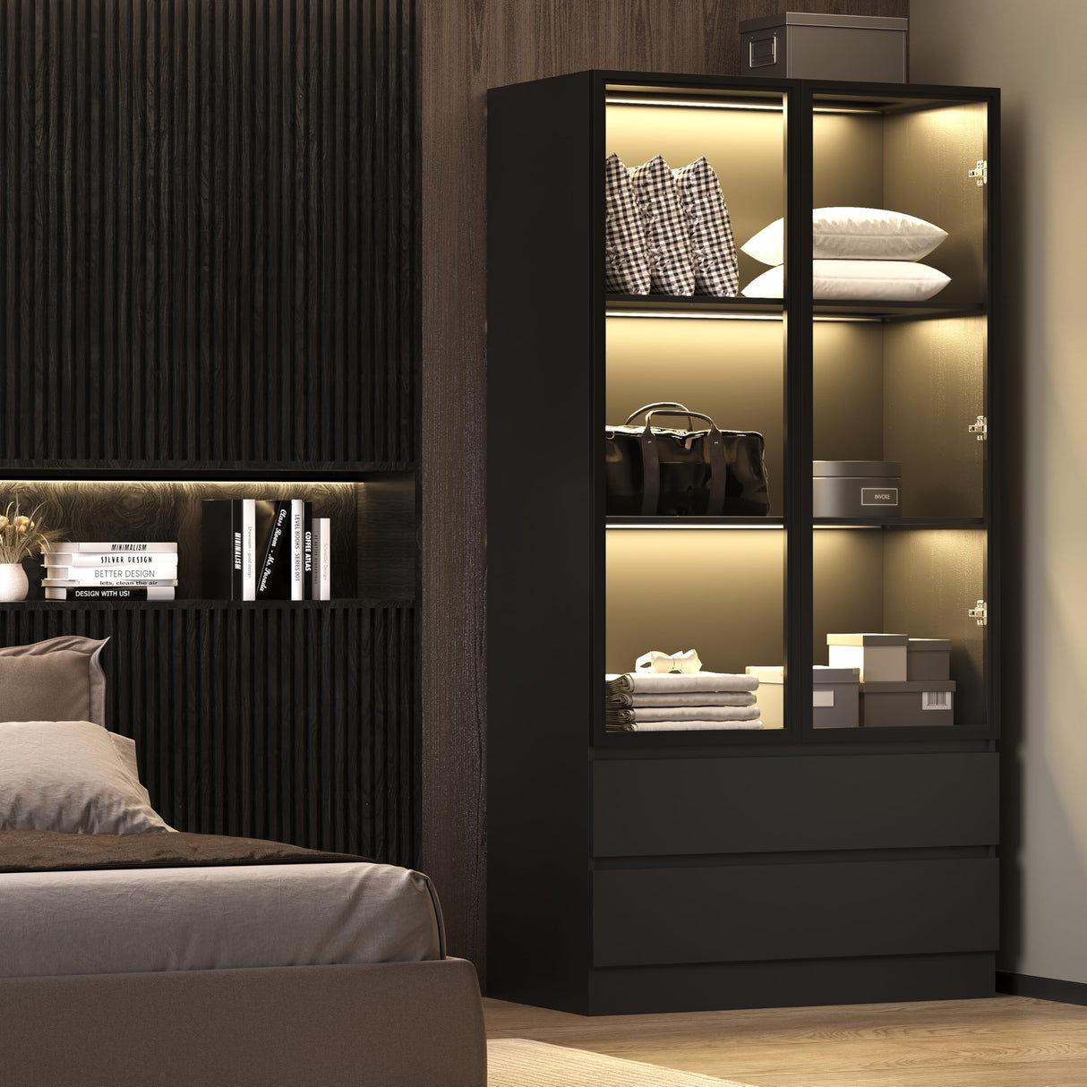 Wildhome Display Cabinet with Glass Doors,LED Lights Glass Display Case,Showcase for Collections, Curio Cabinets, Bookcase and Glass Display Cabinet (with 2 Drawers) Wildhome