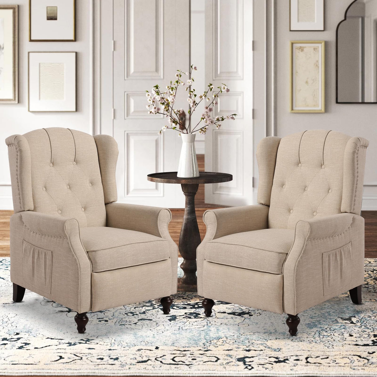 PALLOME Wingback Recliner Chair with Massage and Heat Tufted Fabric Push Back Arm Chair, Recliner Chair for Living Room Bedroom Home Theater (2,Beige) PALLOME