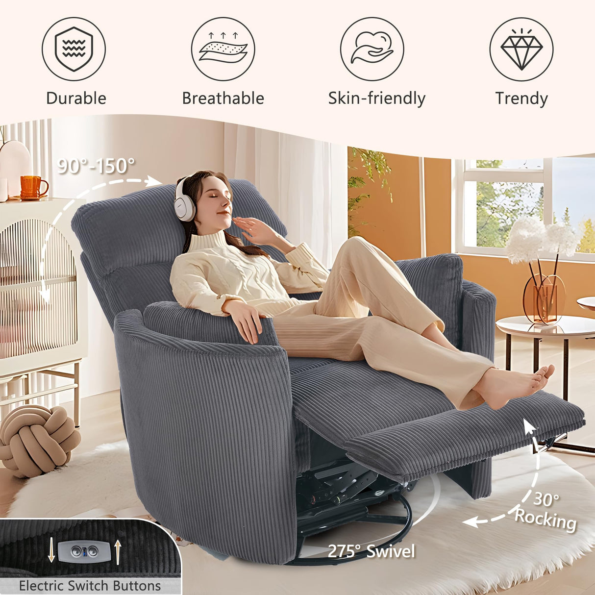 GNMLP2020 Power Swivel Glider Rocking Recliner Nursery Chair, Corduroy Rocker Recliner with USB, 2 Pillows, Barrel Armchair Single Sofa for Living Room Bedroom, Dark Grey GNMLP2020