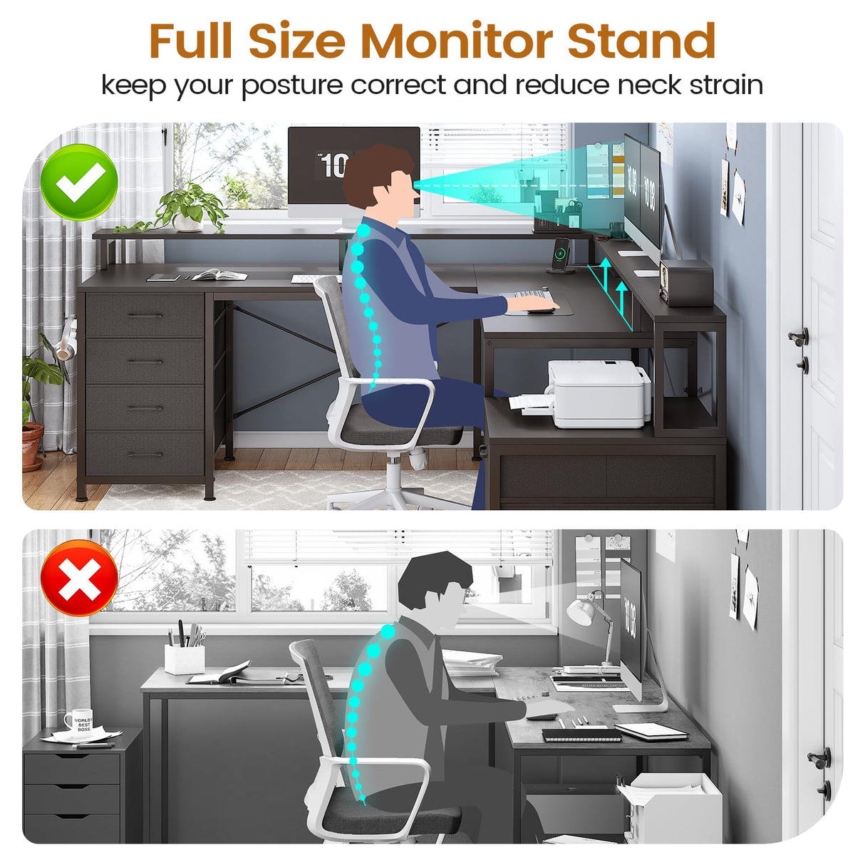 SEDETA L Shaped Desk with 6 Drawer, 108" Home Office Desk with File Drawer & Power Outlet, Corner Computer Desk with Monitor Shelf, File Cabinet, Two Person Desk, Gaming Desk with Led Lights, Black SEDETA