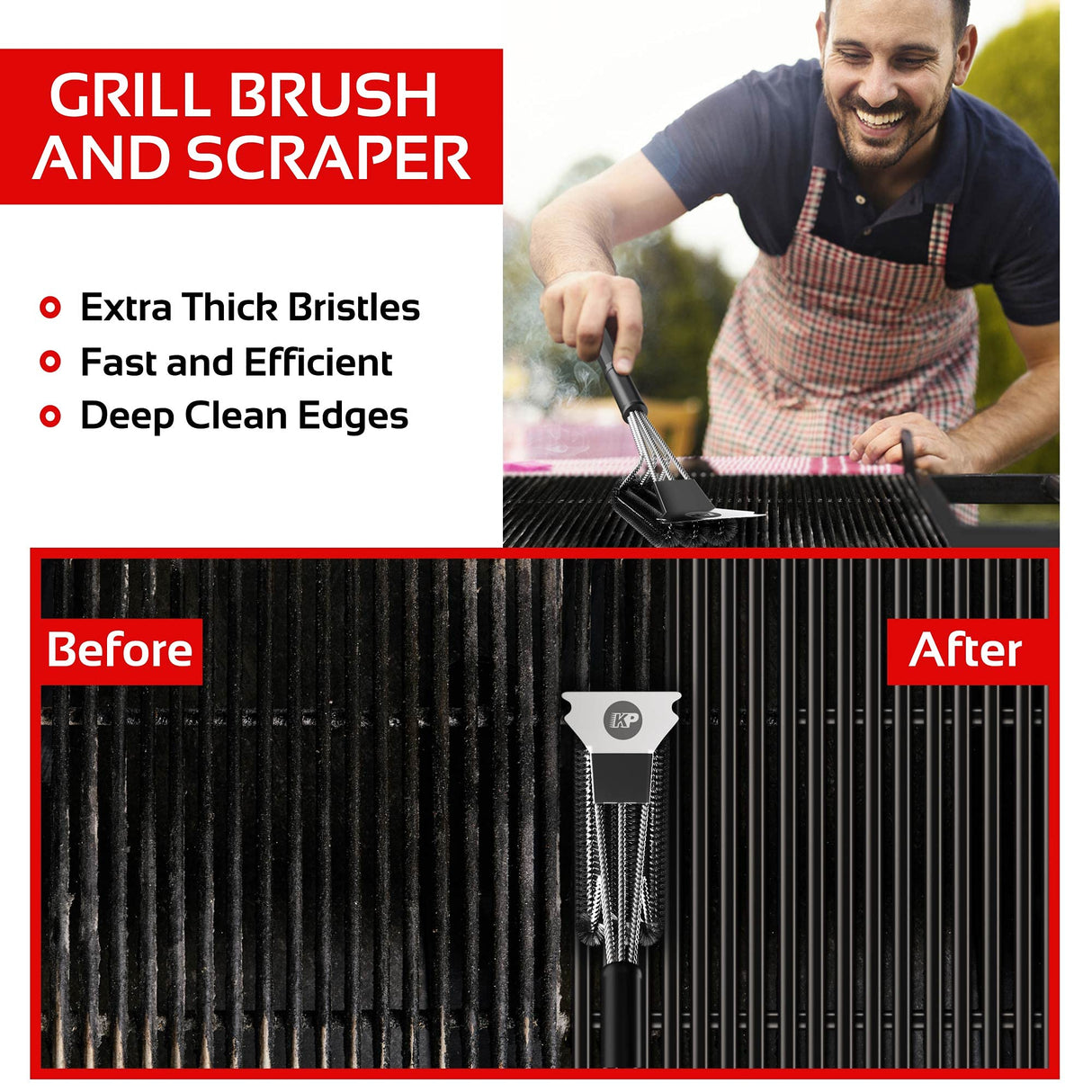 KITCHEN PERFECTION Safe Wire Grill Brush for Outdoor Grill w/Grill Scraper & Grill Mat Grill Cleaning Kit -Extended Handle BBQ Brush for Effortless Grill Cleaning Grill Cleaner Brush Barbecue Tools Kitchen perfection