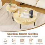 COSTWAY Farmhouse Round Coffee Table Set of 2, Rustic Sofa Side Tea Tables w/Wood Finish, Metal Frame, Adjustable Foot Pads, Nesting End Table Set for Living Room (Radial Pattern, Light Natural) COSTWAY