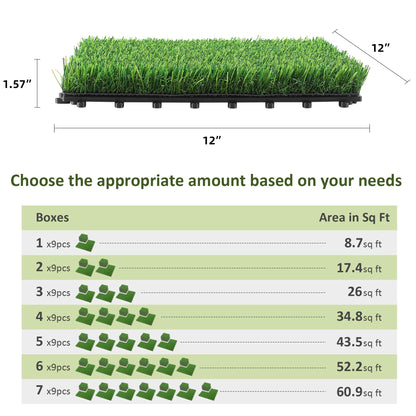 PrimeZone 54 Packs Interlocking Artificial Grass Tiles - 12"x12" Turf Outdoor Indoor Fake Grass Deck Flooring Set for Patio, Balcony, Backyard