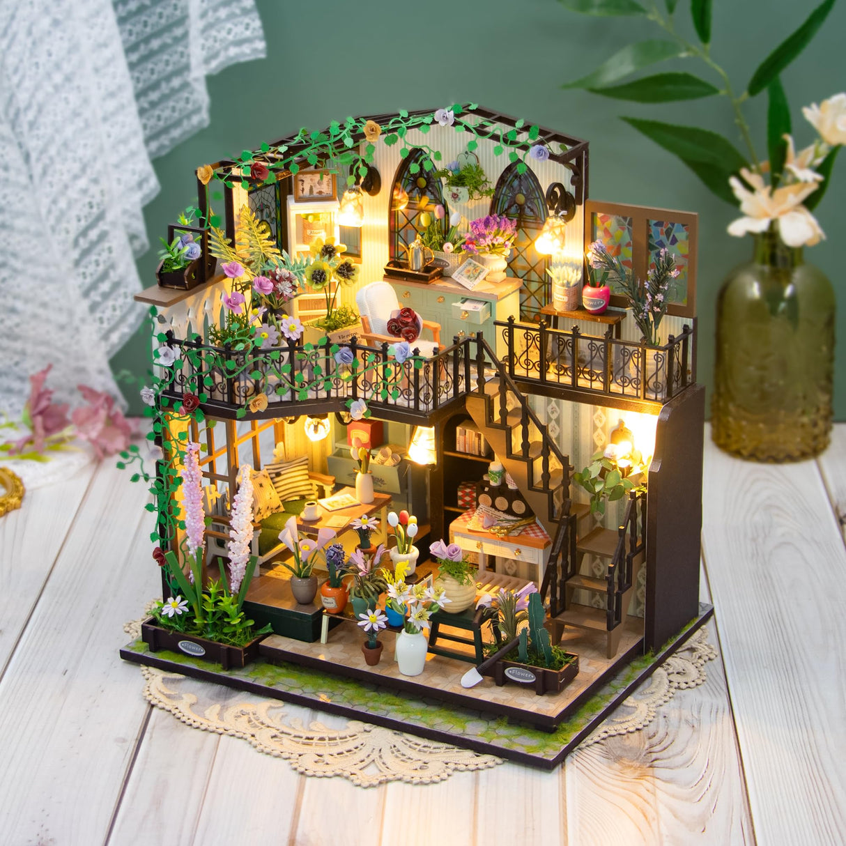 PANZIYU DIY Miniature House Kit, Fairy Dollhouse for Adults to Bulid,Tiny Home Making Kit with Wooden Furniture and LED, Halloween Decoration for Family and Friends (Darcy Flower House) PANZIYU