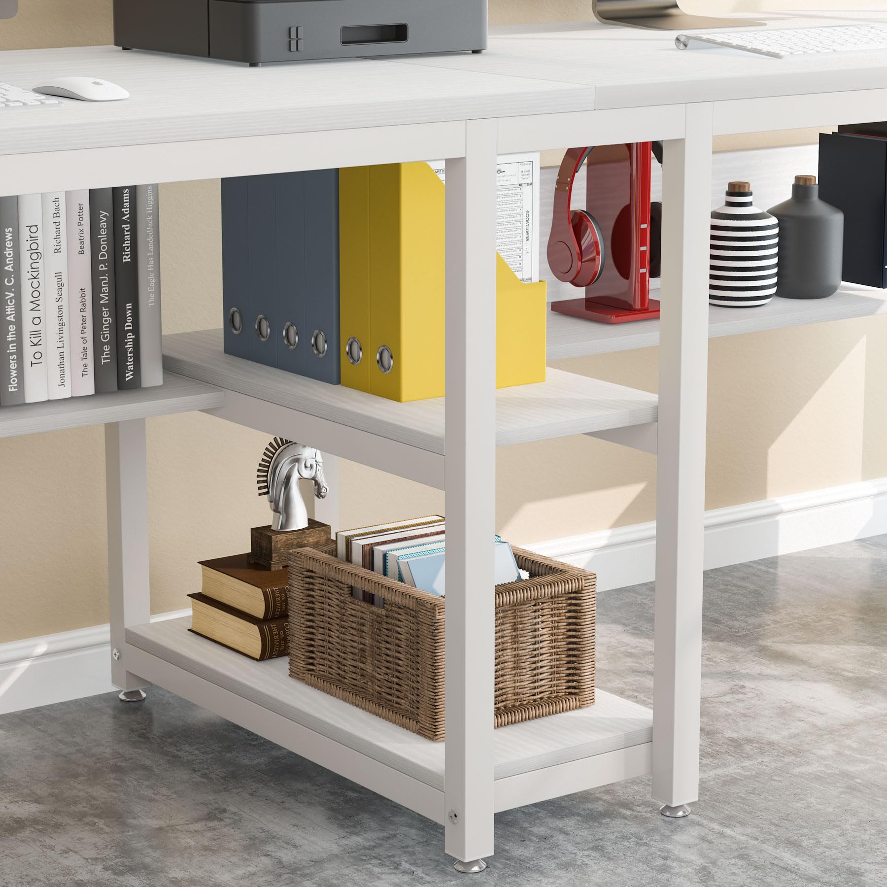 Tribesigns 78-Inch Rustic Double Desk with Bookshelf for Two-Person Workstation in White - WoodArtSupply