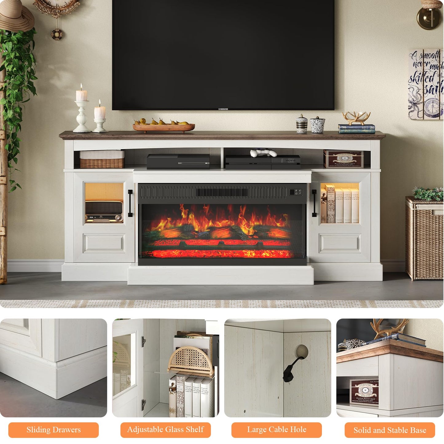 Farmhouse Fireplace TV Stand for TVs Up to 80 inch, 70" Entertainment Center with 36 inch 3-Sided Electric Fireplace for Living Room, 20 Flame Colors, Open Storage and 2 Cabinets (Antique White)