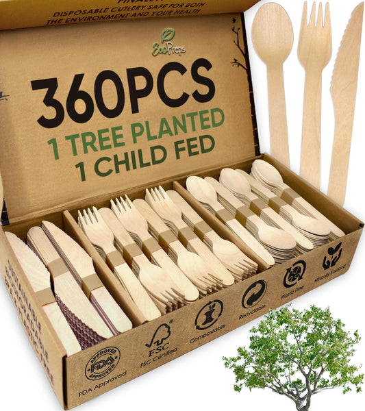 EcoPreps 100% Compostable Wooden Cutlery Set (360 PCS - 150 Forks, 125 Spoons, 85 Knives) Eco-Friendly, Natural, Biodegradable Disposable Utensils Set | Birch Wood Disposable Forks, Knives, and Spoons