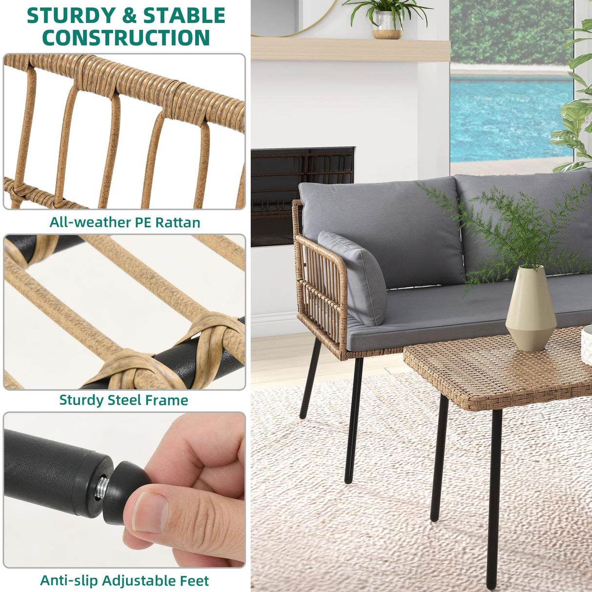 YITAHOME 4 Pieces Sectional Sofa Couch, L-Shaped Sofa with 5 Seater for Living Room, Detachable Lounger with Thickness Cushions and Side Table - Grey YITAHOME