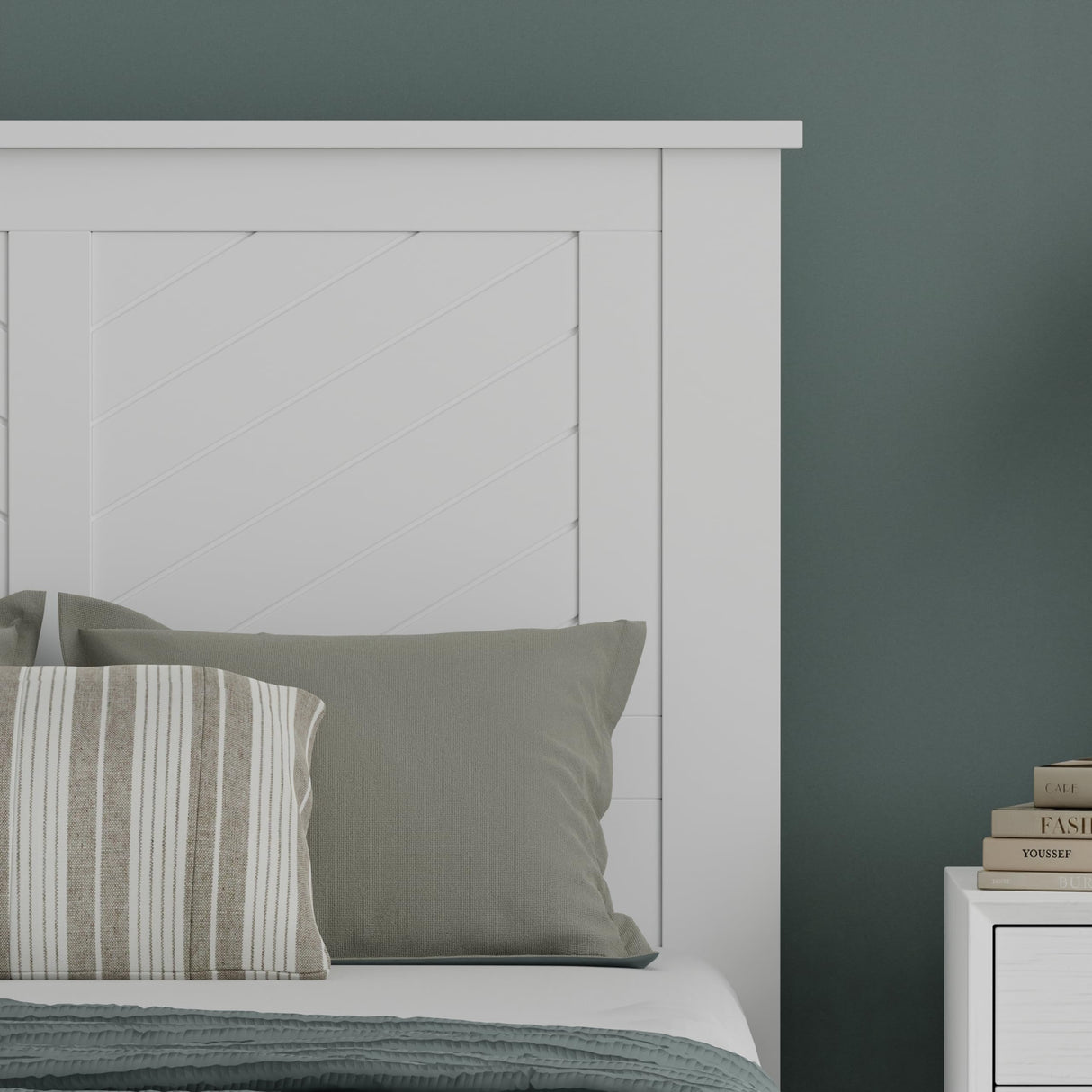 Serene Poplar Wood Twin Headboard, Modern Farmhouse Panel with Chevron Scoring, Twin Size Headboard in White, Casual Coastal Style, Easy Assembly, Quality Materials ComfIQ